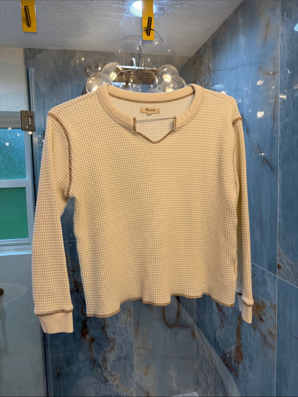 Madewell Cream Waffle Knit Long Sleeve Top with Contrast Stitching